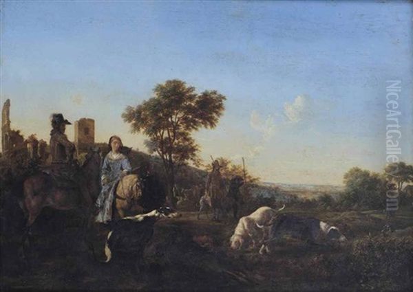 An Italianate Landscape With Elegant Figures On Horseback And Beaters With Hunting Dogs Near The Ancient Ruins Of Trofeo Di Mario, Herdsmen With Their Cattle Beyond Oil Painting by Ludolf de Jongh