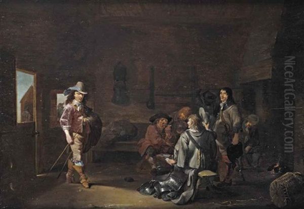 A Guardroom With Soldiers Playing Cards And An Officer Entering Oil Painting by Ludolf de Jongh