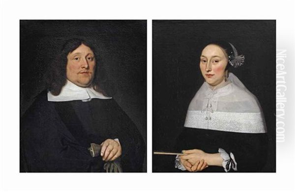 Portrait Of A Gentleman, Wearing A Black Costume With A White Collar And A Black Beret (+ Portrait Of His Wife, Wearing A Black Dress With A White Lace Collar; Pair) Oil Painting by Ludolf de Jongh