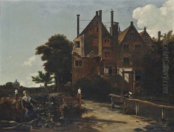 A Wooded Landscape With Washerwomen Beside A House by Ludolf de Jongh