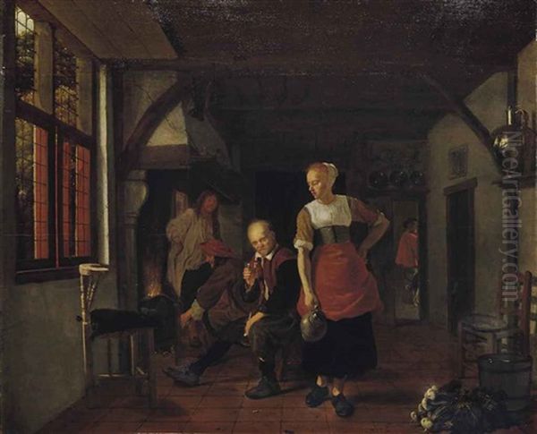 An Interior With A Maid Holding A Jug And Three Men Beside A Fire by Ludolf de Jongh