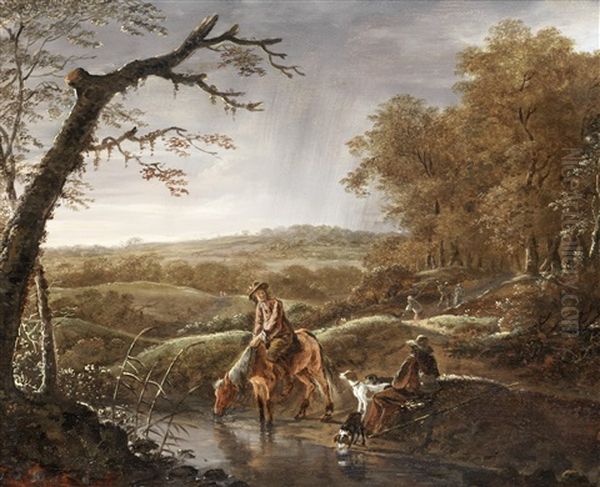 Hunters At Rest With A Horse And Dog Near A Stream Oil Painting by Ludolf de Jongh