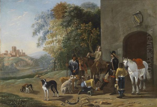 Eine Elegante Jagdgesellschaft Vor Einer Schmiede Oil Painting by Ludolf de Jongh