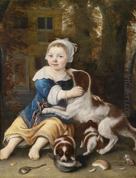 Ein Kleines Madchen Mit Einer Hundefamilie Vor Einem Landhaus Oil Painting by Ludolf de Jongh