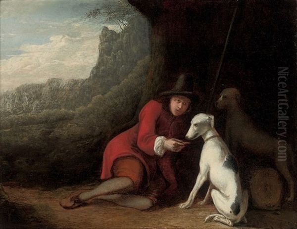 A Wooded Landscape With A Traveler At Rest With His Dogs Oil Painting by Ludolf de Jongh