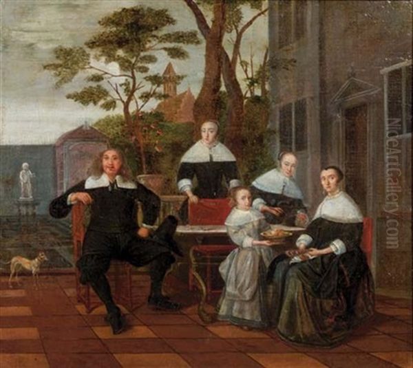 A Group Portrait Of A Noble Family Seated Around A Table On A Terrace Oil Painting by Ludolf de Jongh