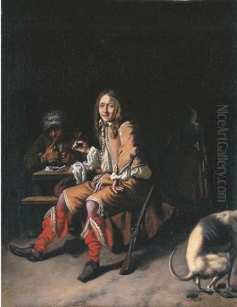 A Tavern Scene With An Officer Drinking A Glass Of Wine And A Man Smoking Oil Painting by Ludolf de Jongh