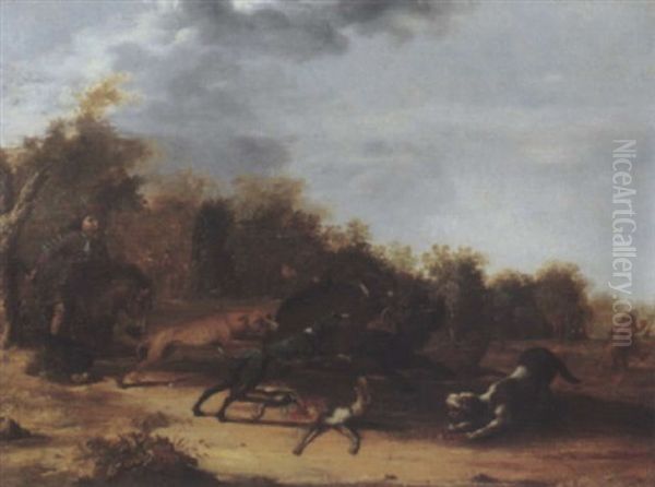 A Boar Hunt In The Forest Oil Painting by Ludolf de Jongh