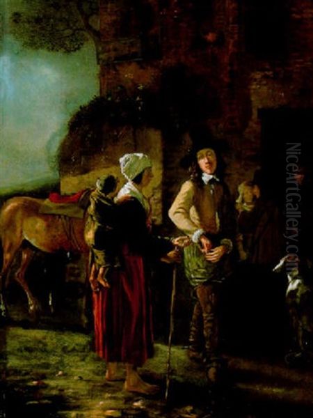 Kavalier Und Bettlerin Vor Einem Gasthof Oil Painting by Ludolf de Jongh