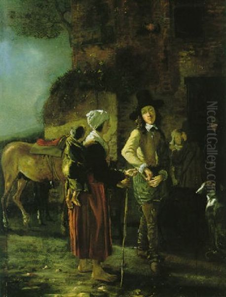 Kavalier Und Bettlerin Vor Einem Gasthof Oil Painting by Ludolf de Jongh