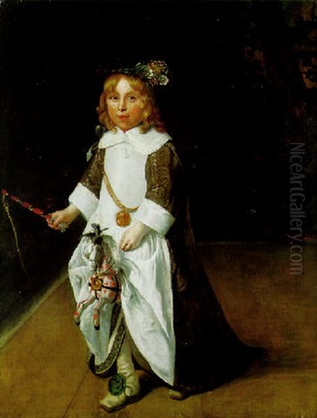 Portrait Of A Boy Wearing A Chain With A Portrait Medallion, Riding A Hobby Horse In A Tapestried Interior Oil Painting by Ludolf de Jongh