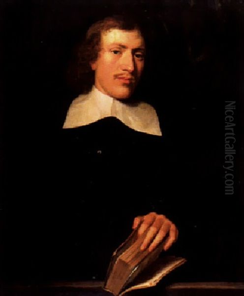 Bildnis Eines Gelehrten Mit Buch Vor Einem Grunen Vorhang Oil Painting by Ludolf de Jongh