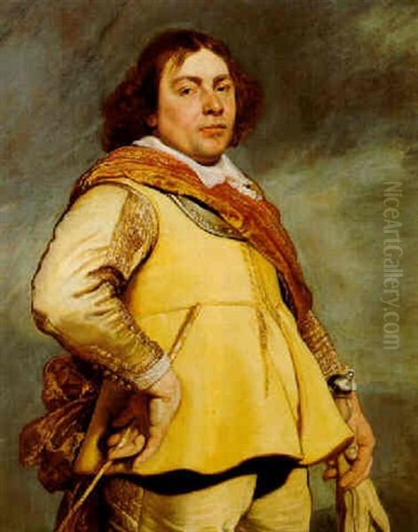 Portrait Of An Officer In A Yellow Chamoise Jacket With Orange Sash And Holding A Whip Oil Painting by Ludolf de Jongh