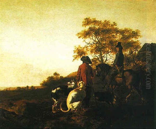 A Huntsman With His Servant And Hounds In A Landscape Oil Painting by Ludolf de Jongh