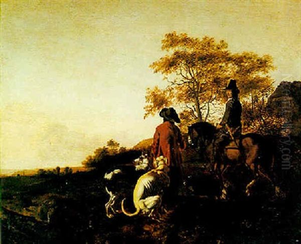 A Huntsman With His Servant And Hounds In A Landscape by Ludolf de Jongh