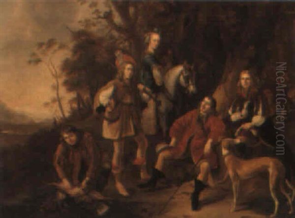 A Family Hunting Group In A Landscape Oil Painting by Ludolf de Jongh