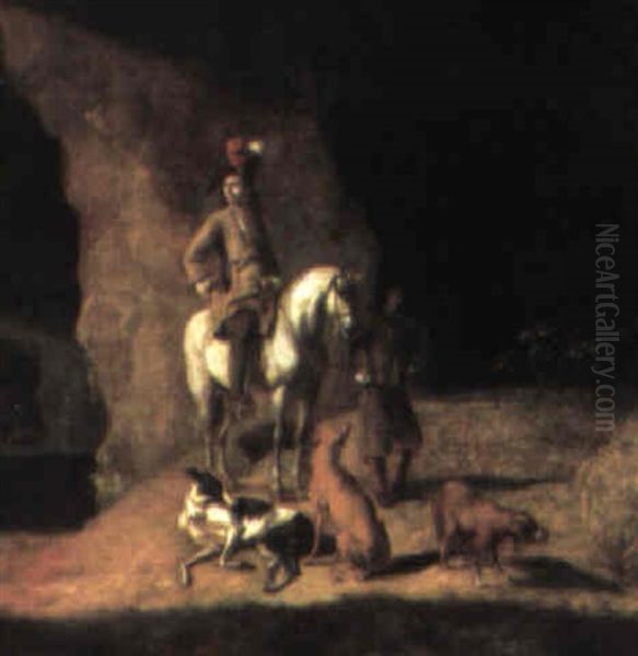 Gentleman On A White Horse With His Servant And Hounds Oil Painting by Ludolf de Jongh