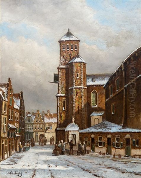 Church Saint Denis In Liege In Winter Oil Painting by Oene Romkes De Jongh