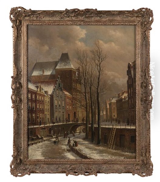 Figure Skating Outside The Oudaen On The Oudegracht In Winter Oil Painting by Oene Romkes De Jongh