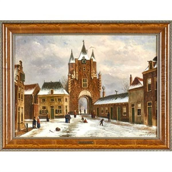 Wintry Afternoon In A Dutch Village Oil Painting by Oene Romkes De Jongh