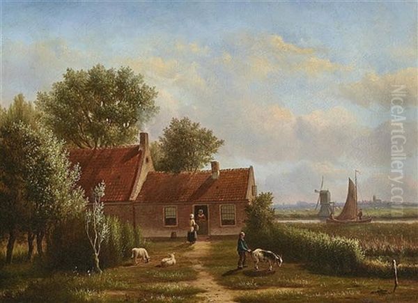 A Dutch Landscape With A Farmhouse Oil Painting by Oene Romkes De Jongh