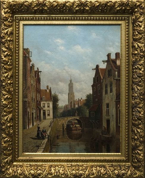 Amsterdam Canal Scene Oil Painting by Oene Romkes De Jongh