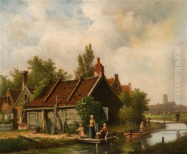 Summer: Activity At The Farm; Winter: Ice Skaters And A Koek-en-zopie By A Drawbridge (2 Works) Oil Painting by Oene Romkes De Jongh