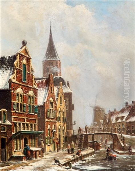 Figuren Bij Het 'veerhuis' Aan Een Bevroren Gracht Oil Painting by Oene Romkes De Jongh