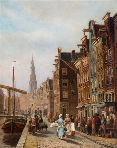 Amsterdamse Gracht Met Vele Figuren Oil Painting by Oene Romkes De Jongh