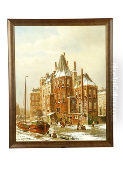 Oudegracht In Winter Oil Painting by Oene Romkes De Jongh