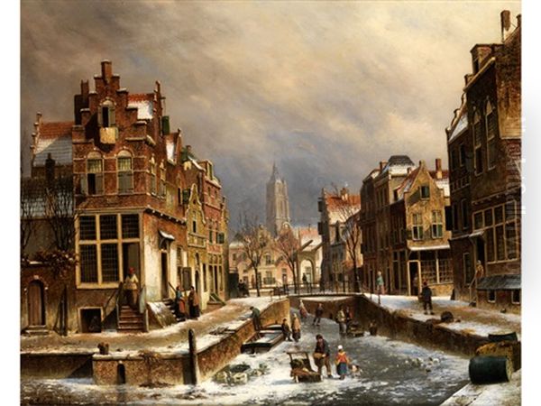 Blick Auf Eine Flamische Stadt Im Winter Oil Painting by Oene Romkes De Jongh