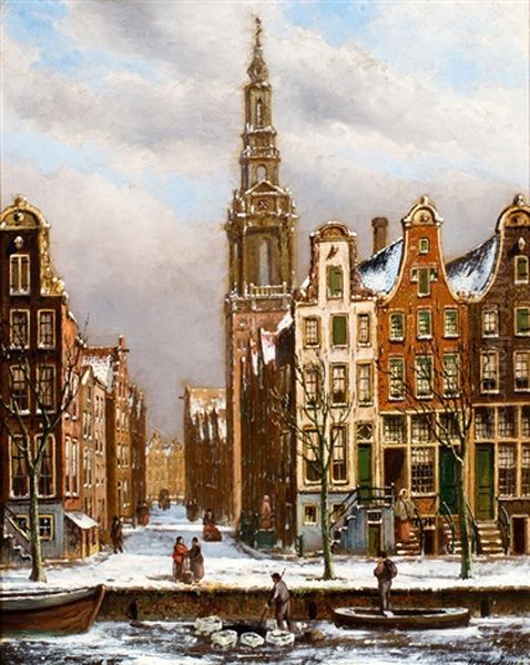 Winterse Gracht Bij De Zuiderkerk Te Amsterdam Oil Painting by Oene Romkes De Jongh