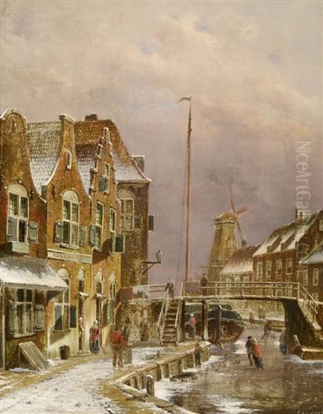 Wintertag An Einer Gracht Oil Painting by Oene Romkes De Jongh