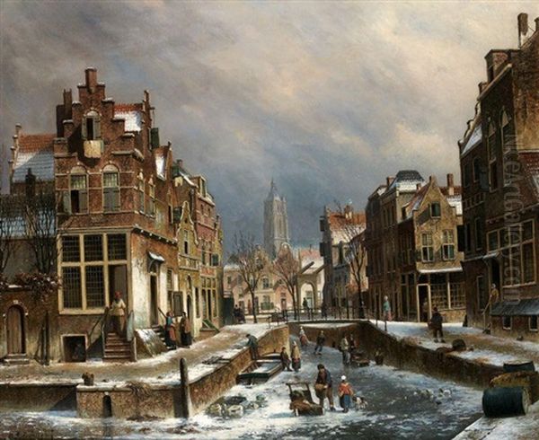 Sans Titre (vue D'amsterdam En Hiver?) Oil Painting by Oene Romkes De Jongh