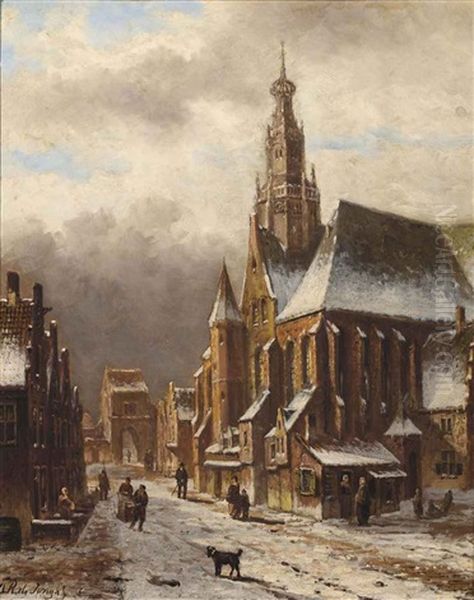 A View Of A Dutch Town In Winter Oil Painting by Oene Romkes De Jongh