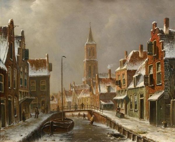 Winters Stadsgezicht Oil Painting by Oene Romkes De Jongh