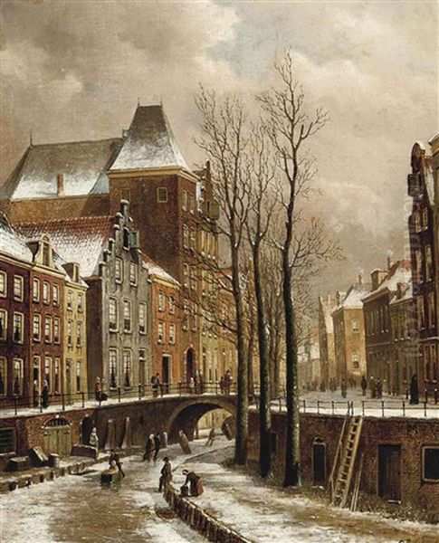 Figures Skating Outside The Oudaen, On The Oudegracht In Winter Oil Painting by Oene Romkes De Jongh