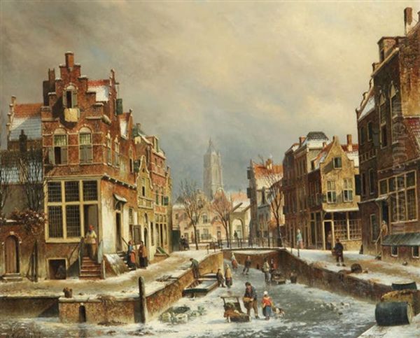 Vue Hivernale D'une Ville En Hollande Animee De Personnages Sur La Glace Oil Painting by Oene Romkes De Jongh