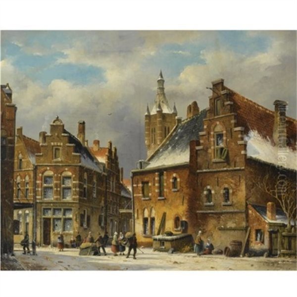 Figures In The Street Of A Wintry Dutch Town Oil Painting by Oene Romkes De Jongh