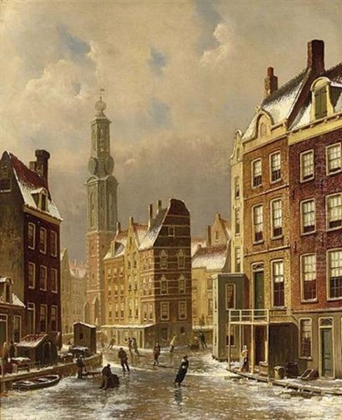 A View Of The Munttoren, Amsterdam Oil Painting by Oene Romkes De Jongh