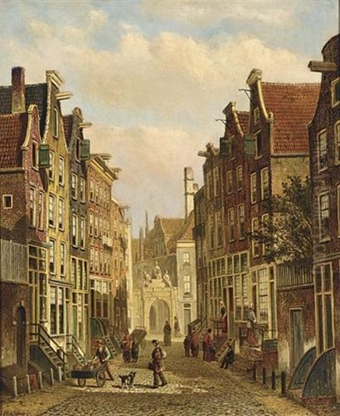 A View Of The Heiligeweg, Amsterdam Oil Painting by Oene Romkes De Jongh