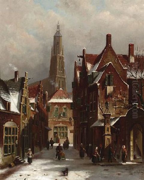 Partie In Einer Verschneiten Hollandischen Kleinstadt Oil Painting by Oene Romkes De Jongh