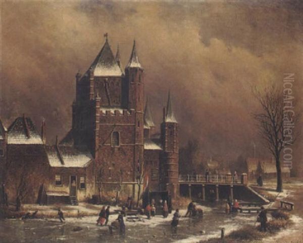 A Winter Scene Oil Painting by Oene Romkes De Jongh