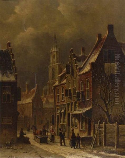 A Town View In Winter With Figures Conversing Oil Painting by Oene Romkes De Jongh