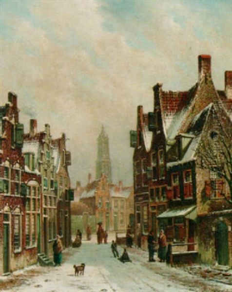 A View Of Utrecht In Winter Oil Painting by Oene Romkes De Jongh