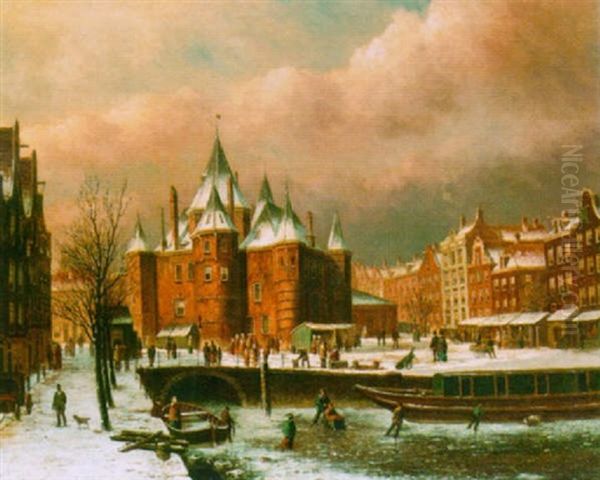 A View Of The Nieuwmarket Met De Waag, Amsterdam Oil Painting by Oene Romkes De Jongh