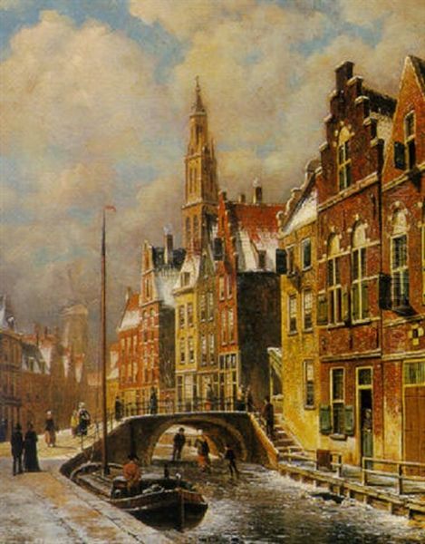 Figures On A Frozen Canal In A Wintry Town Oil Painting by Oene Romkes De Jongh