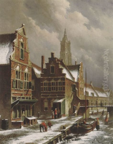 Winter By The Canal Oil Painting by Oene Romkes De Jongh