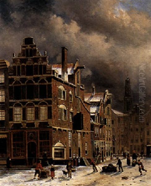 A Town Scene In Winter Oil Painting by Oene Romkes De Jongh