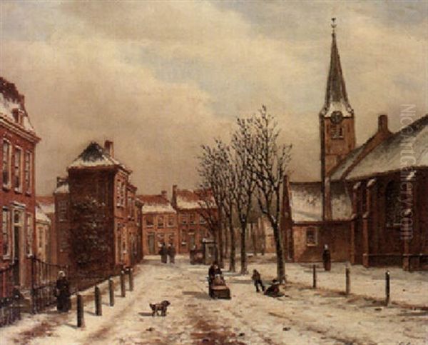 A Streetscene In Winter Oil Painting by Oene Romkes De Jongh